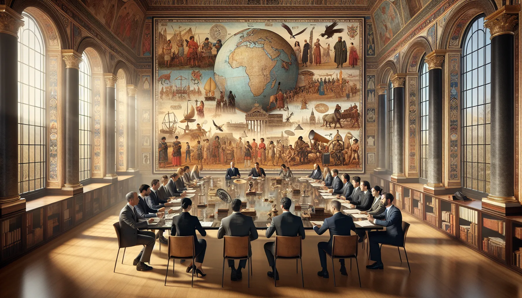 diverse team discussing cultural history in a modern office setting.