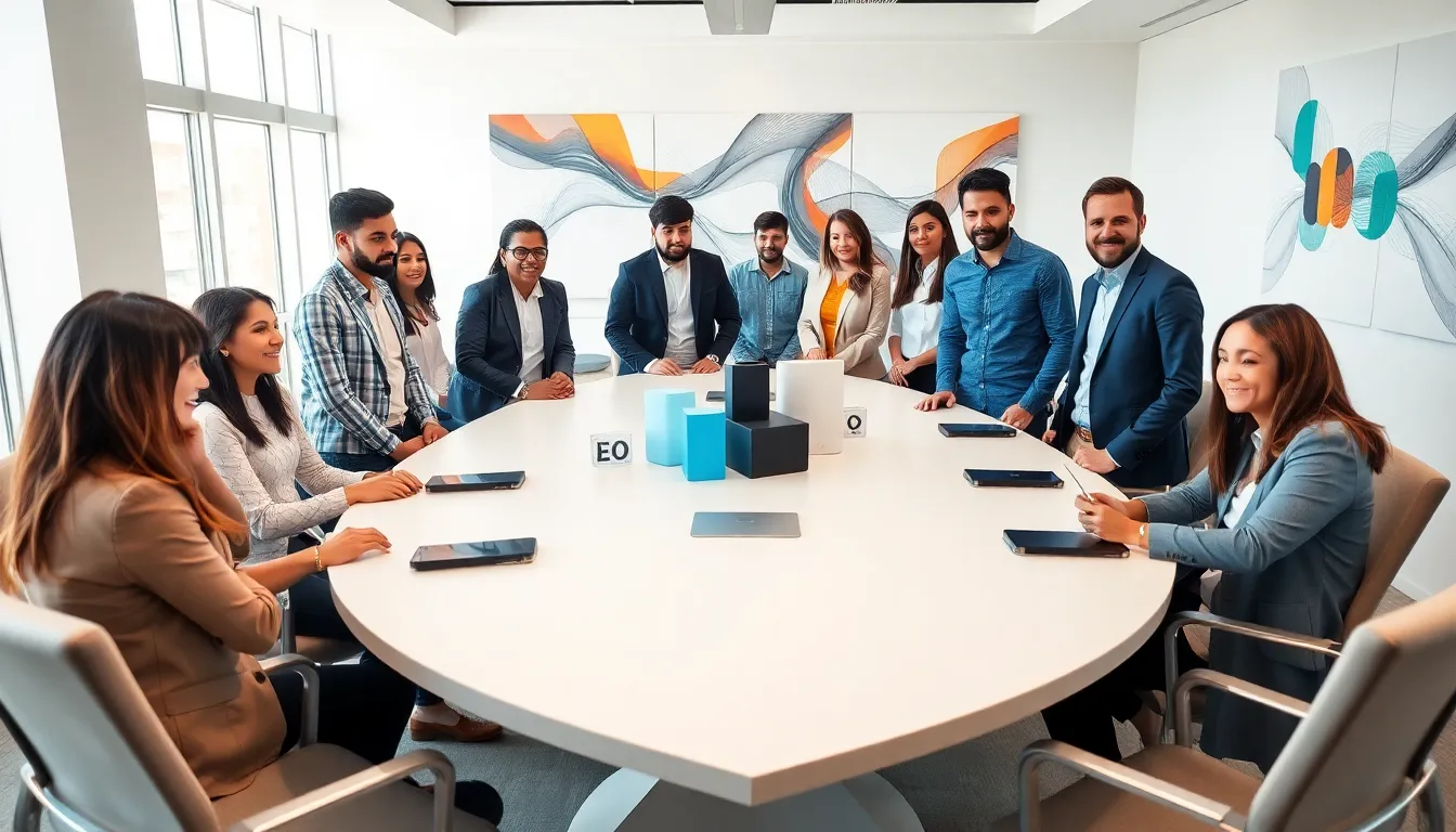 diverse team discussing innovative consumer electronics in a modern office.