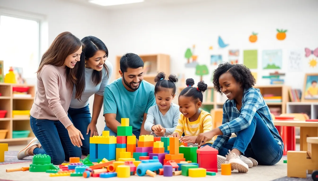 educators facilitating play-based learning in a vibrant classroom.