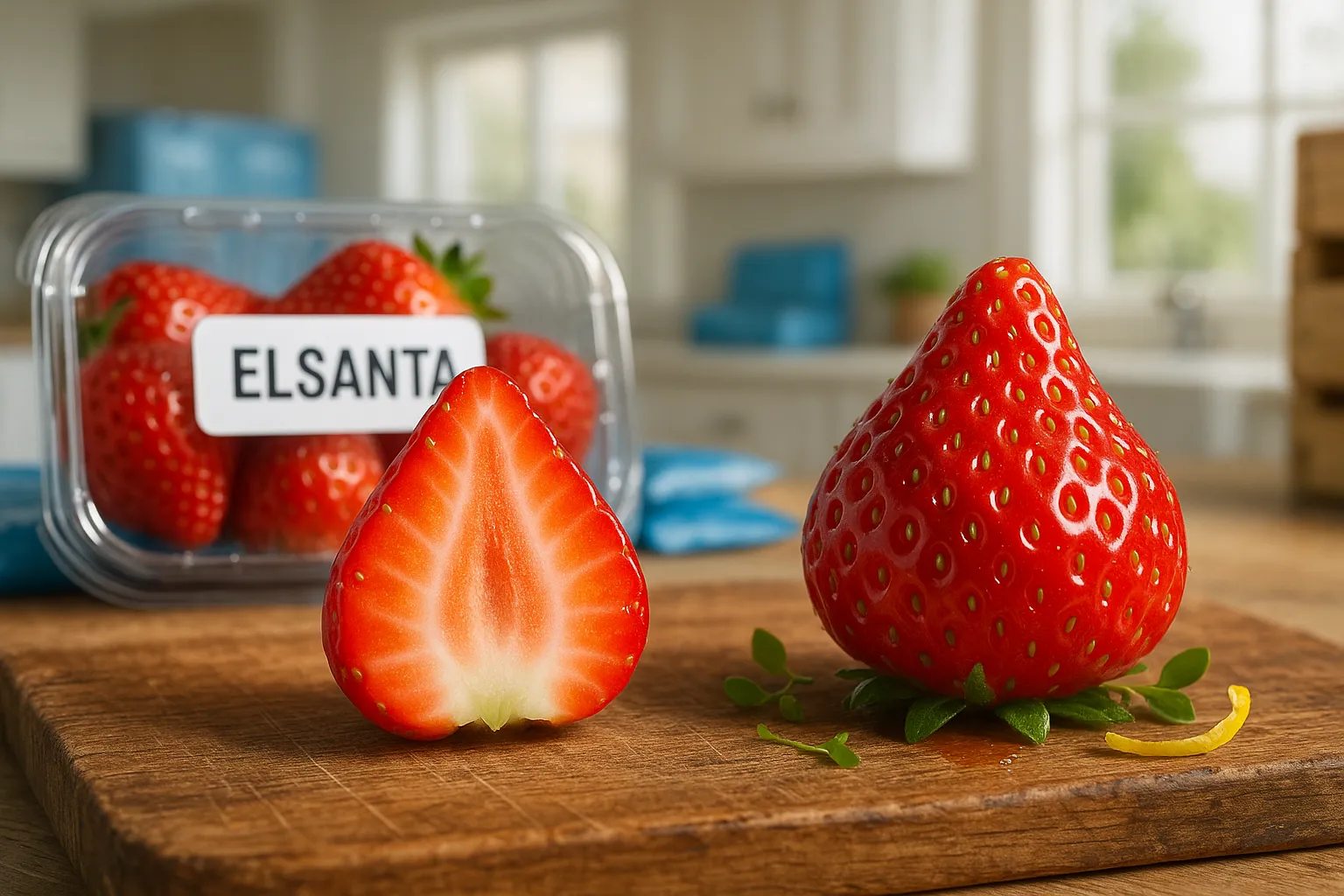 Two strawberries side-by-side: large Elsanta and smaller Mara des Bois comparison.