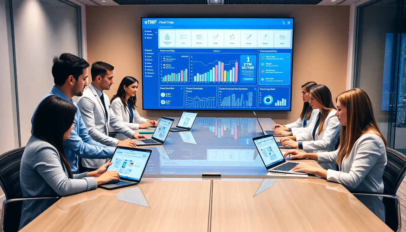 diverse team collaborating on eTMF software in a modern office.