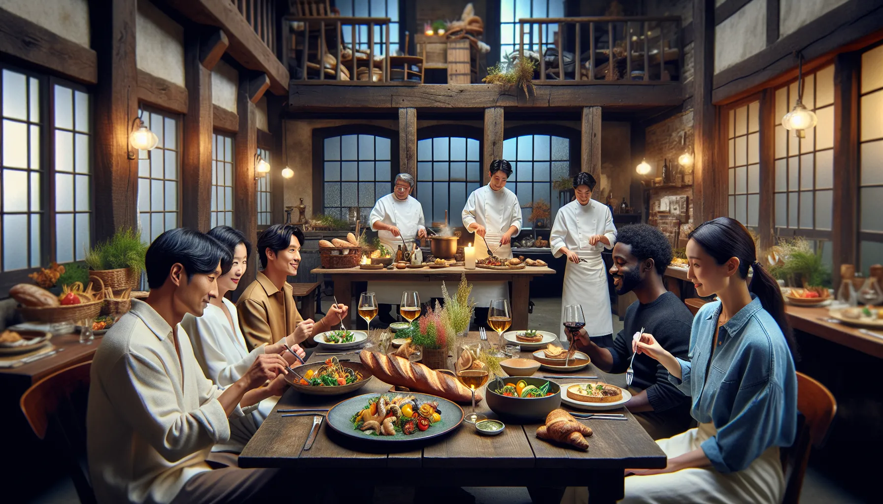 diverse diners enjoying European rustic cuisine in a cozy restaurant.