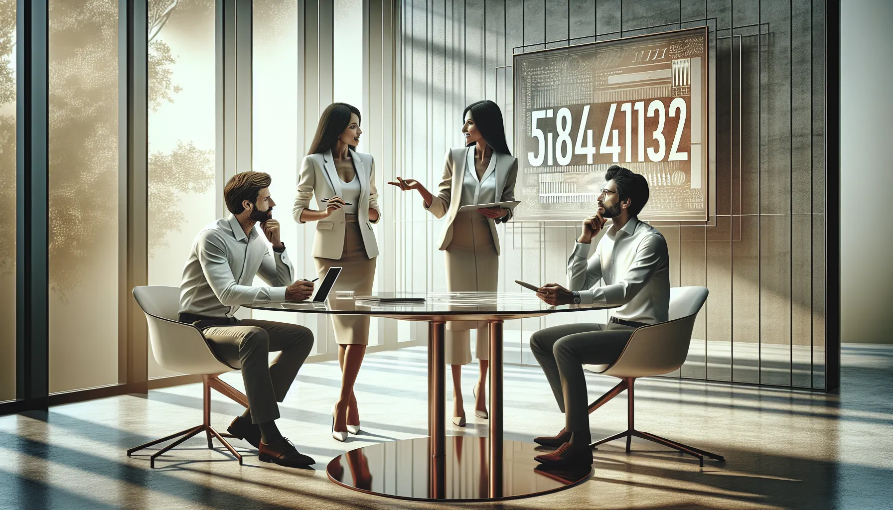 professionals discussing branding strategies in a modern office.