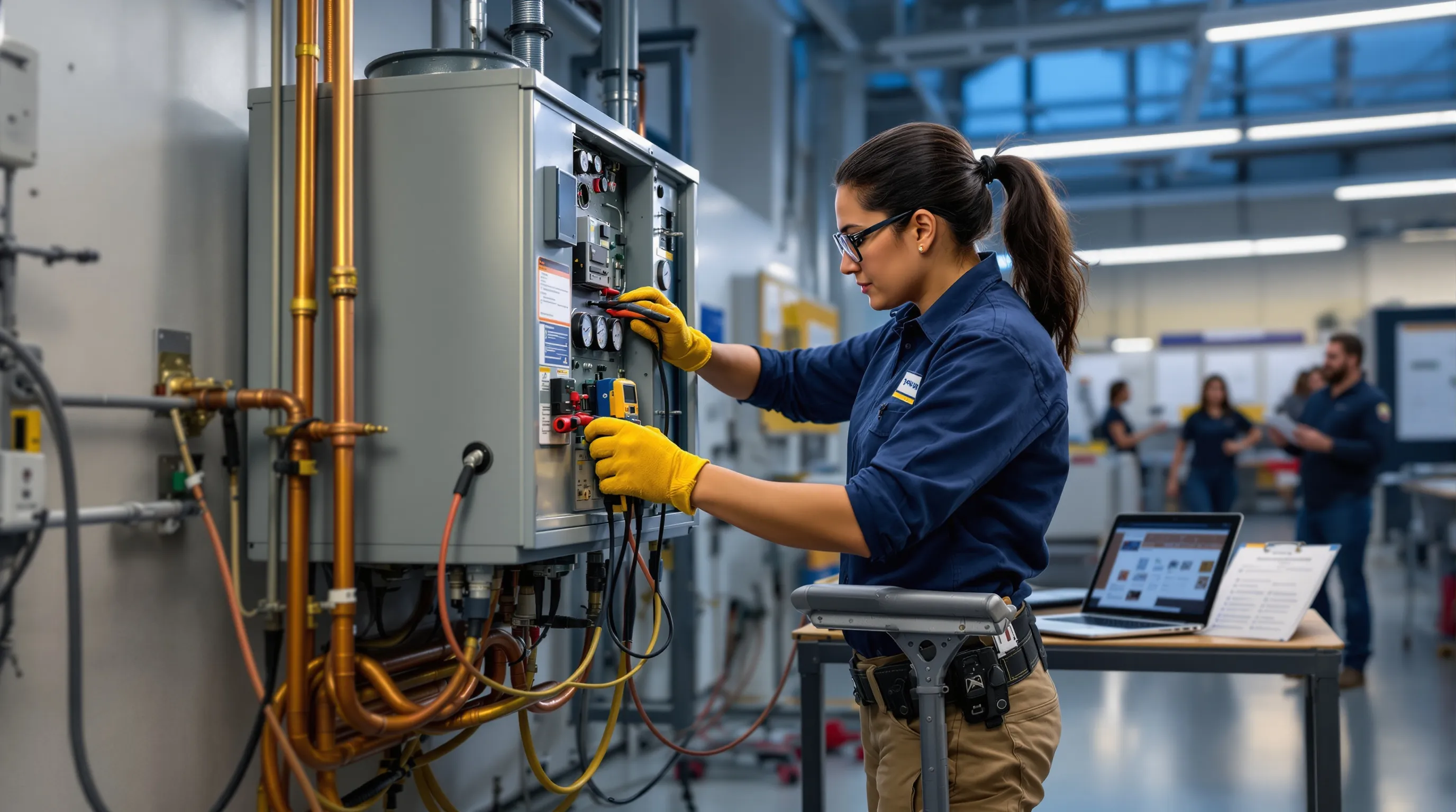 HVAC student testing an air handler in a college lab during evening class.