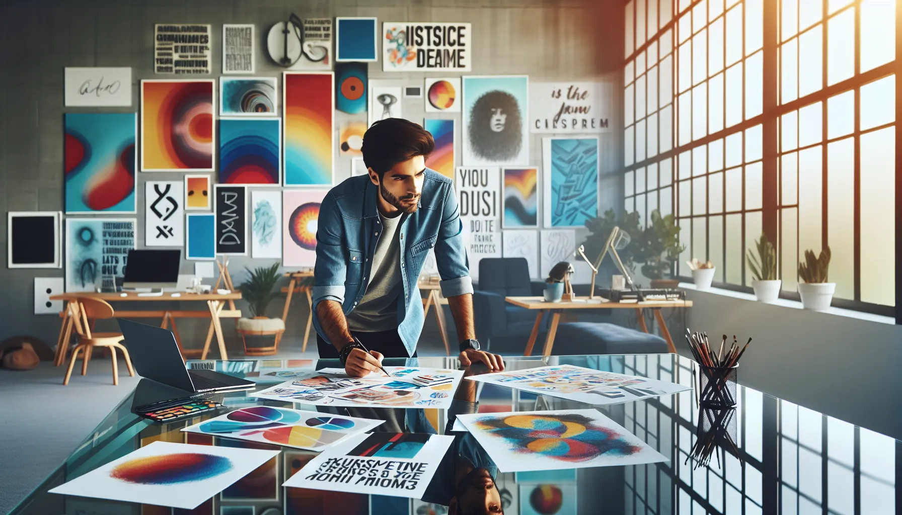 Kevin Lucero in a creative workspace with art and music elements.