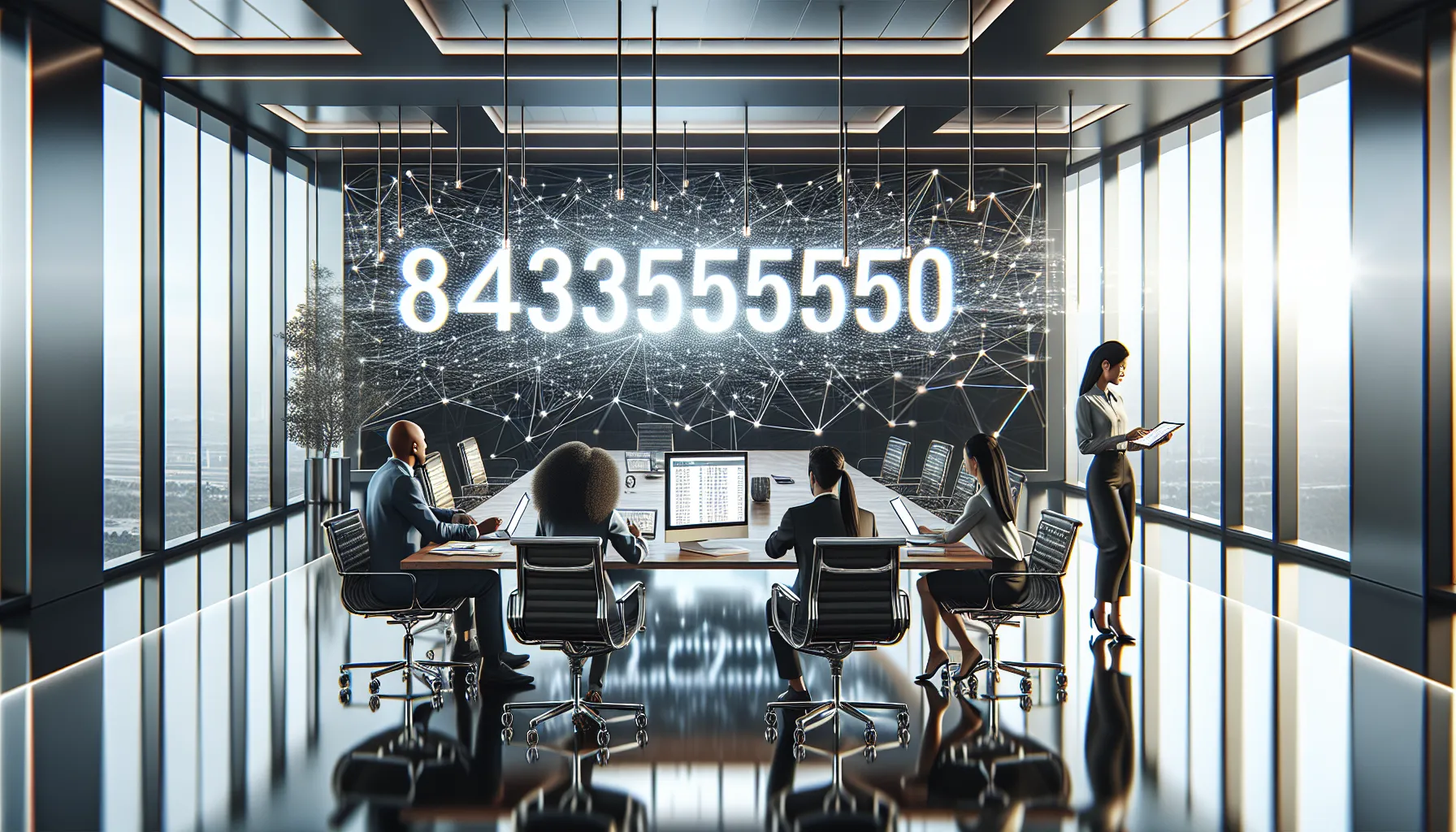 diverse team discussing data in a modern office with a digital display.