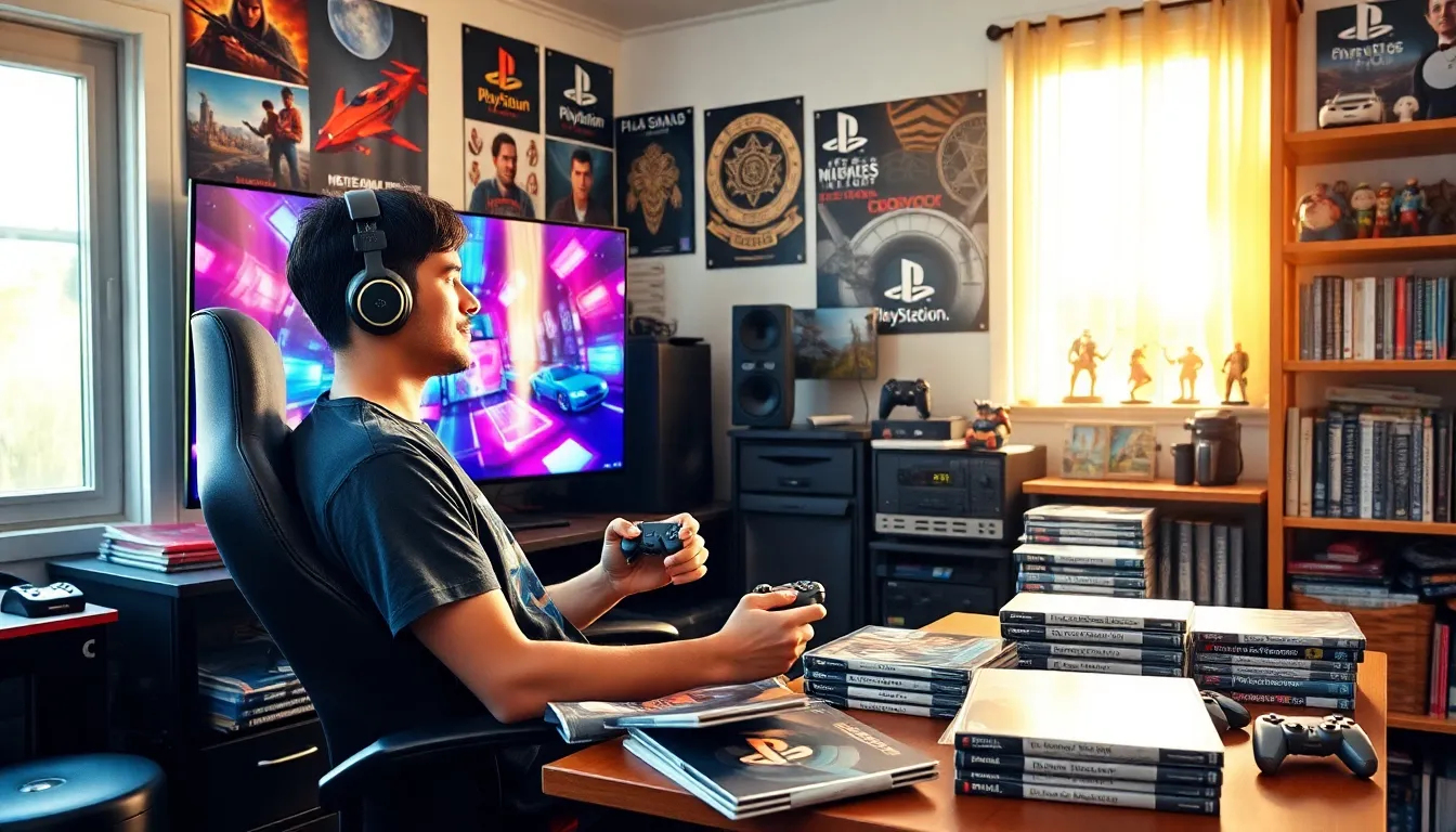 a gamer engaged in gameplay with a PlayStation setup in a cozy room.