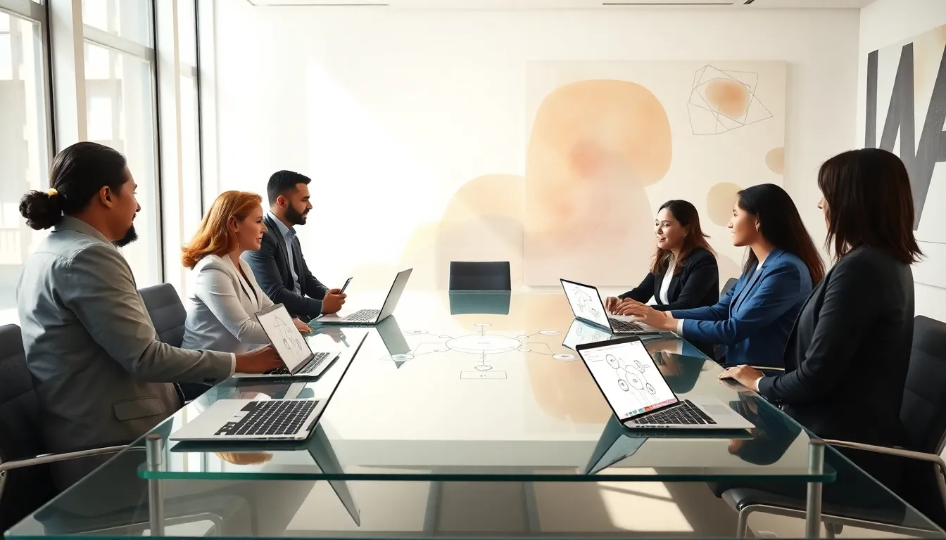 diverse team discussing interconnected concepts in a modern office.