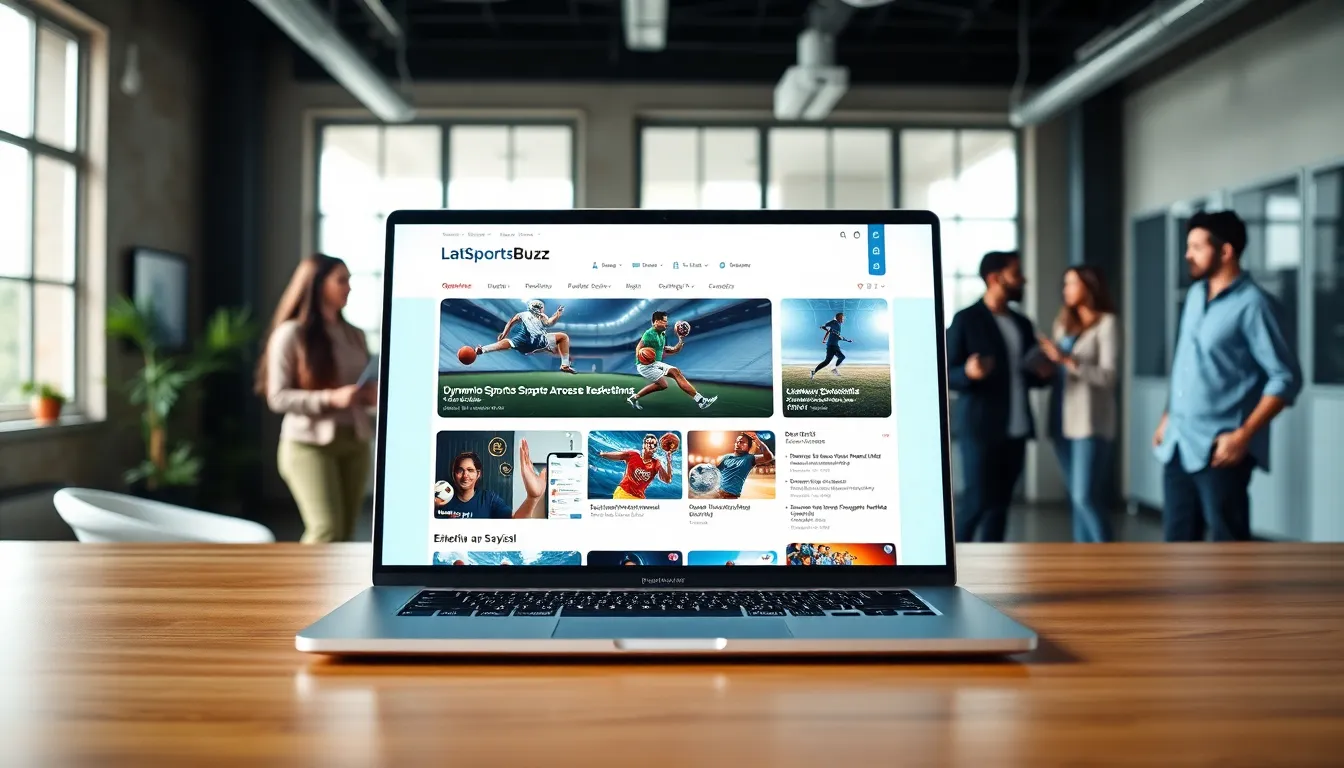laptop displaying sports news website in a modern office setting.