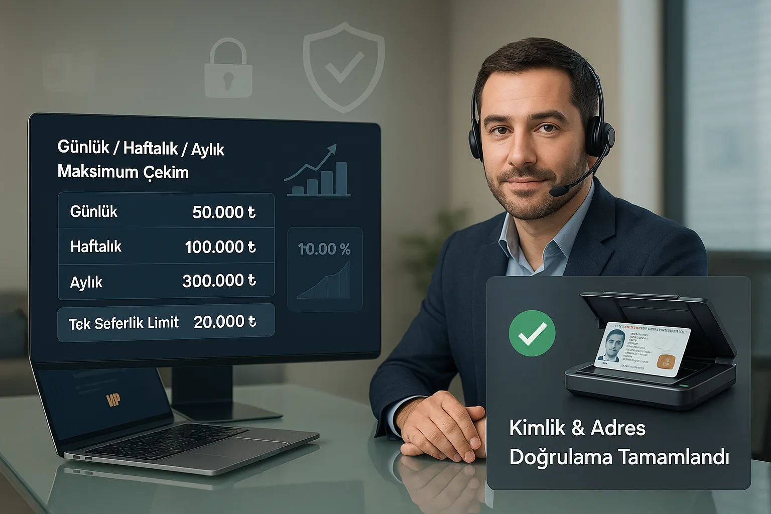 Support agent at laptop showing verified withdrawal limits in Turkish lira.