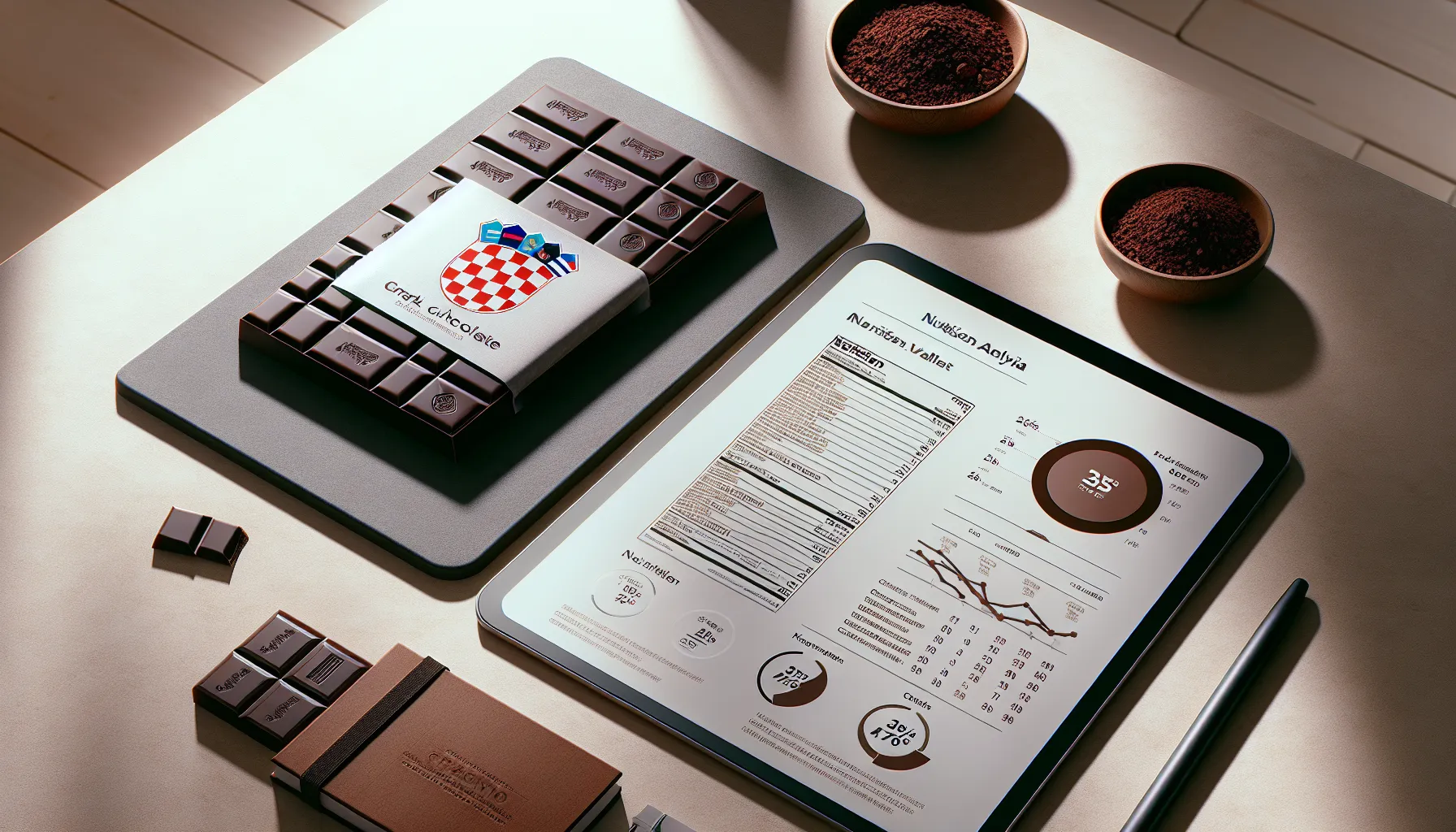 Dark chocolate bar with nutrition facts in a modern setting.