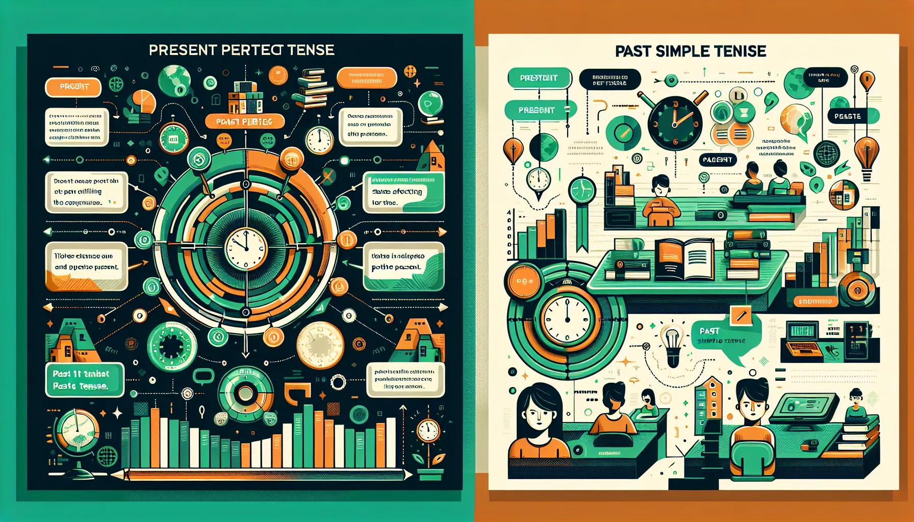 A modern education-themed infographic comparing Present Perfect and Past Simple tenses.