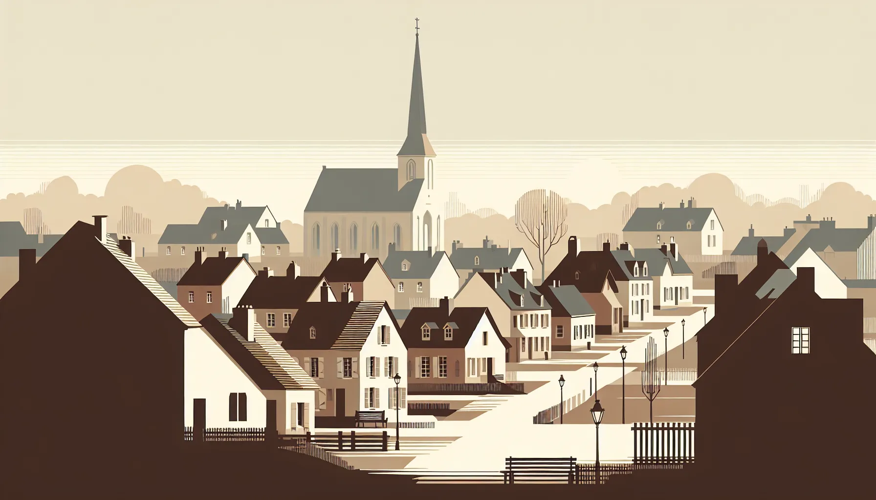 A simple illustration of a small French provincial town with church and houses.