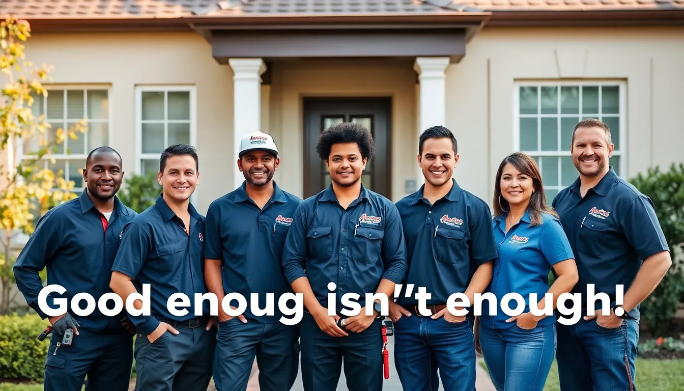 diverse team of technicians outside a modern home in Houston.