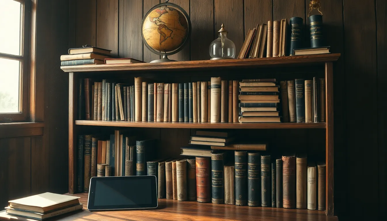 A vintage bookshelf filled with old books and a globe, symbolizing an archive.