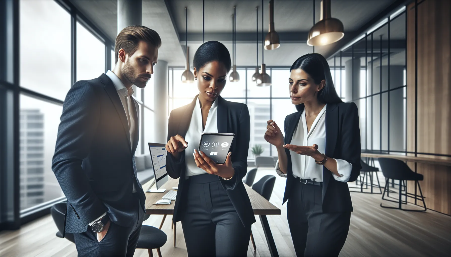 professionals discussing smartphone features in a modern office.