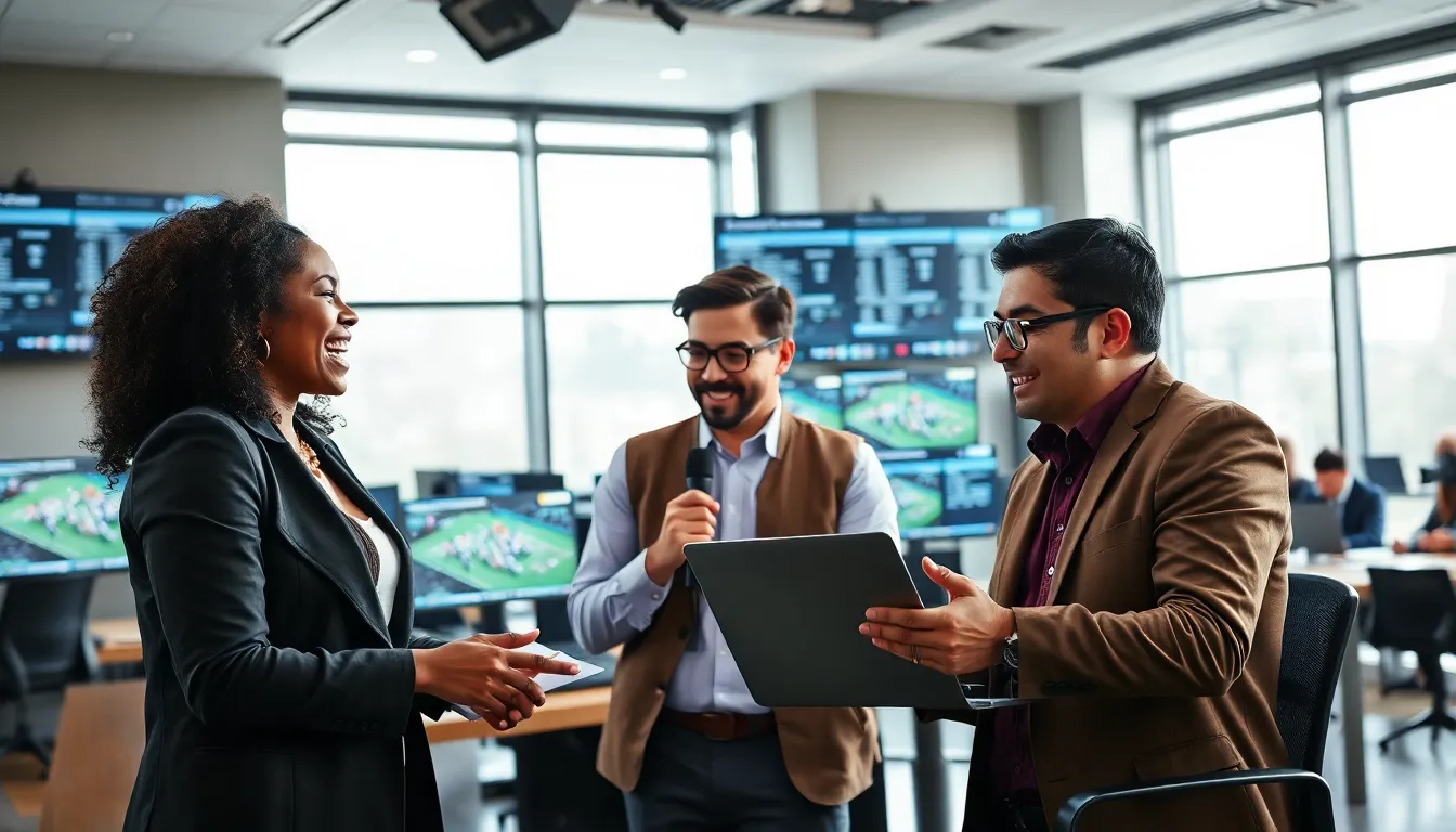 diverse sports reporters collaborating in a modern newsroom.