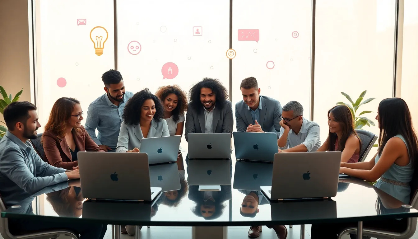 diverse professionals collaborating in a modern digital workspace.