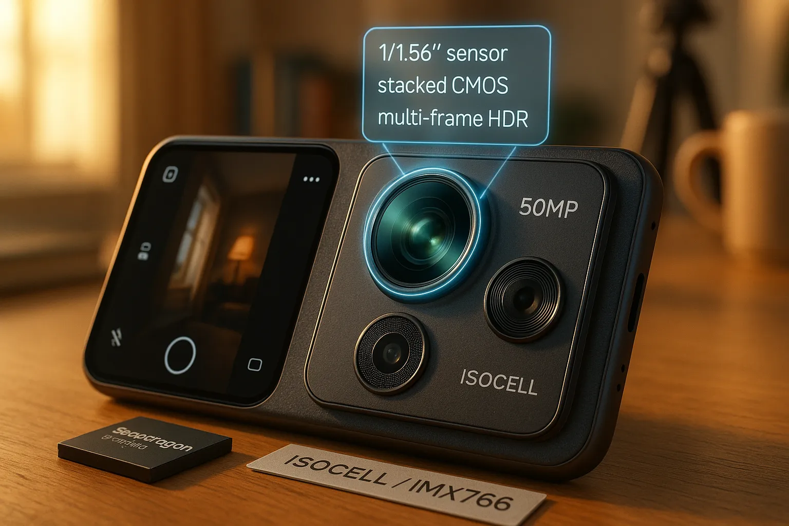 Close-up of a budget smartphone camera module with sensor callouts on a desk.