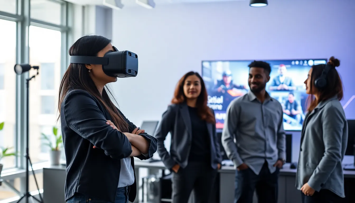 professionals discussing gaming trends in a modern workspace.