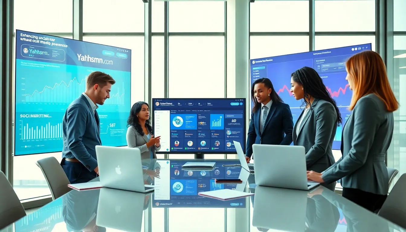 diverse team discussing social media marketing in a modern office.