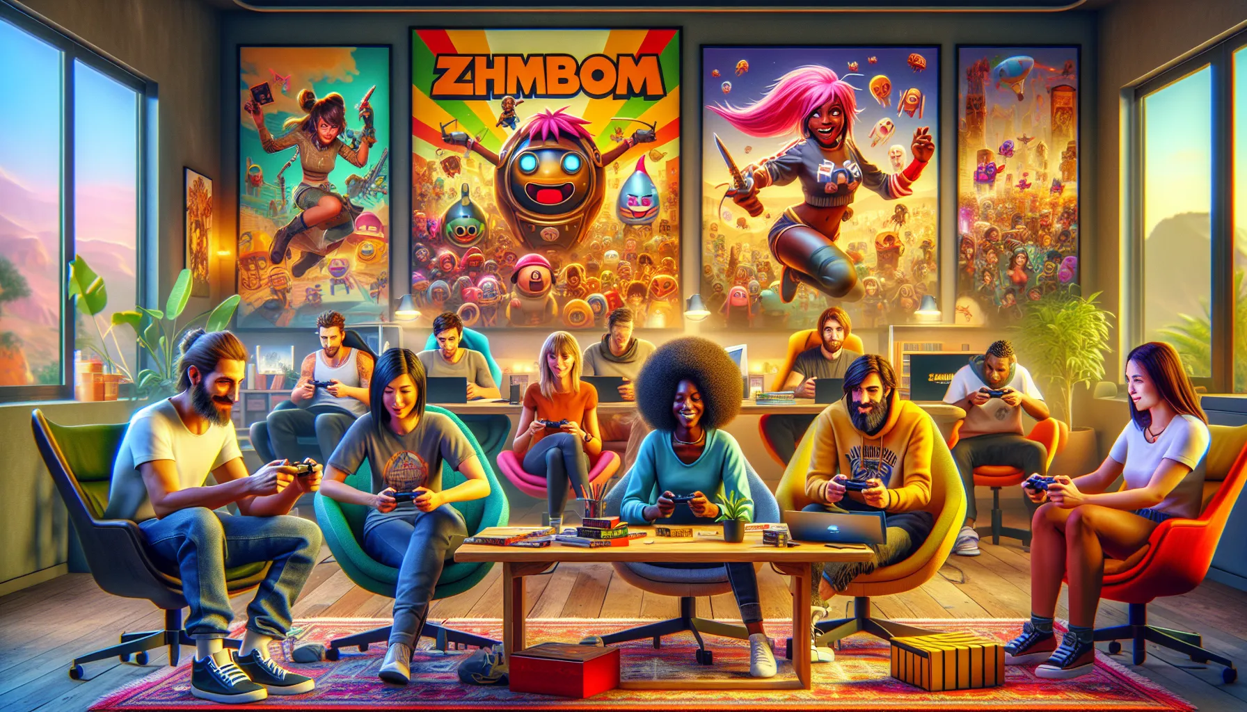 diverse group of gamers immersed in playing The Zhimbom Game.