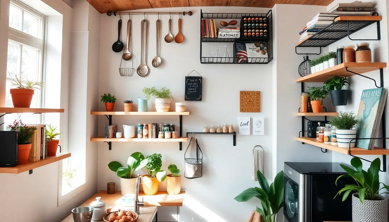 Organized tiny home with wall shelves and hanging storage solutions.