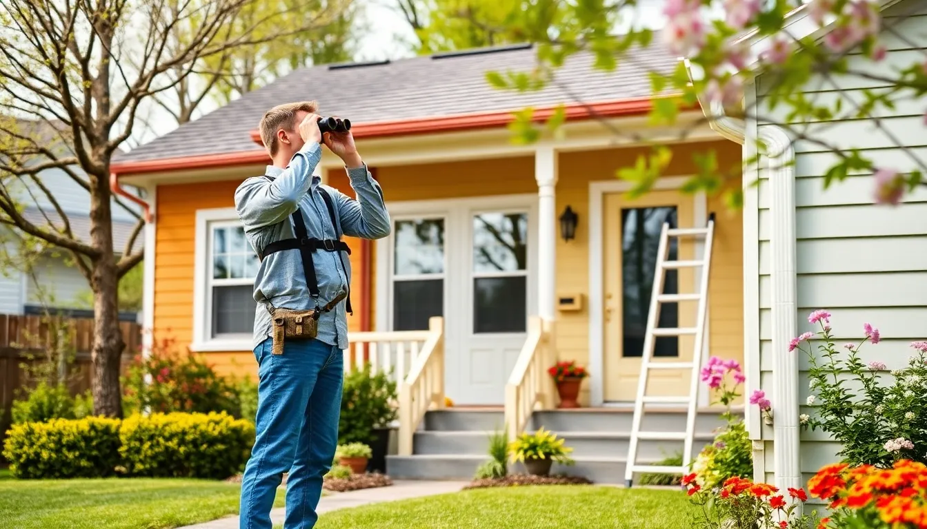 contractor inspecting a roof while standing on a lawn during spring.