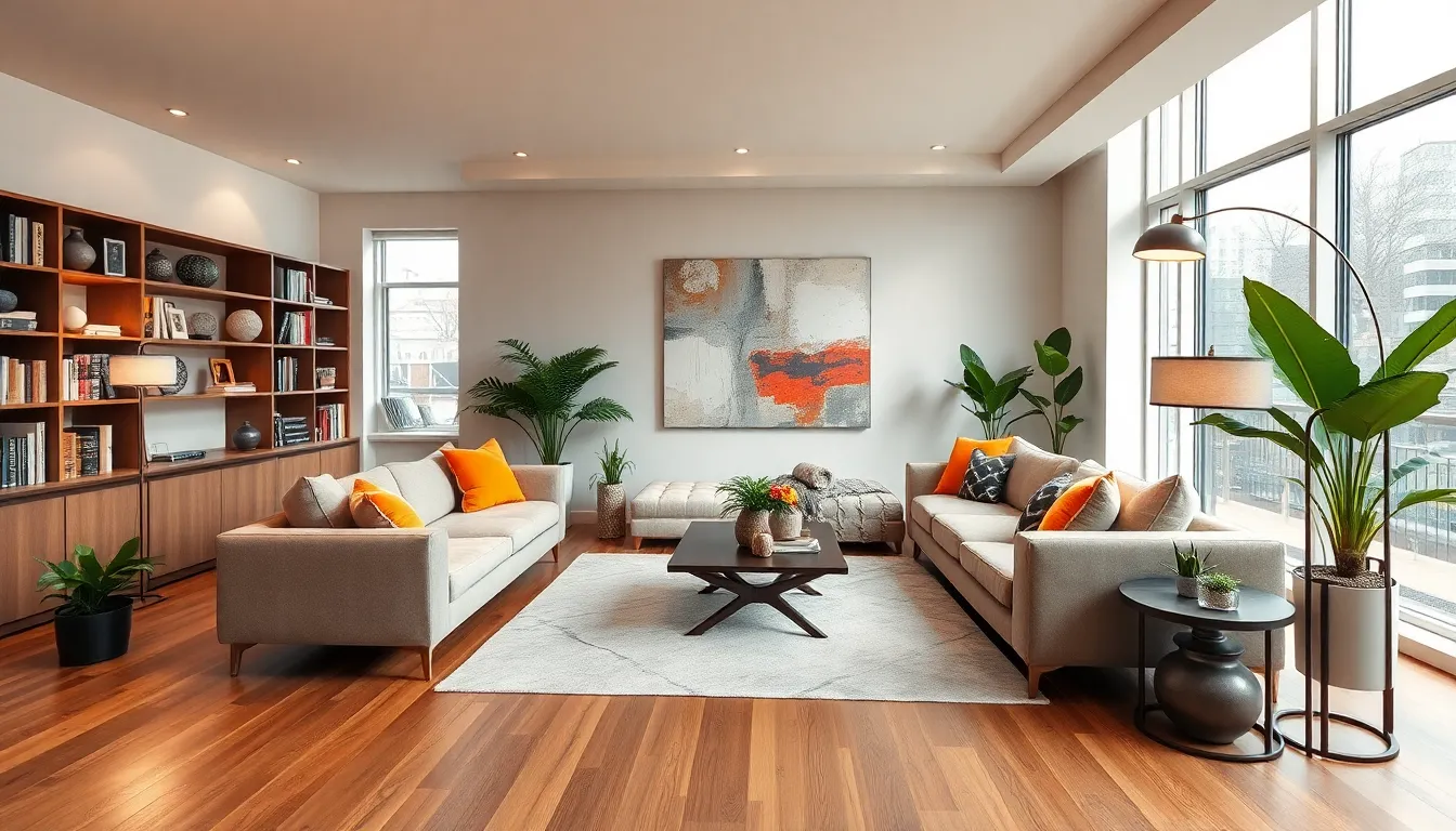 a modern living room with stylish decor and natural lighting.