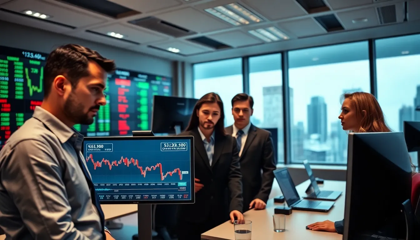 professionals analyzing a cryptocurrency market downturn in a modern office.