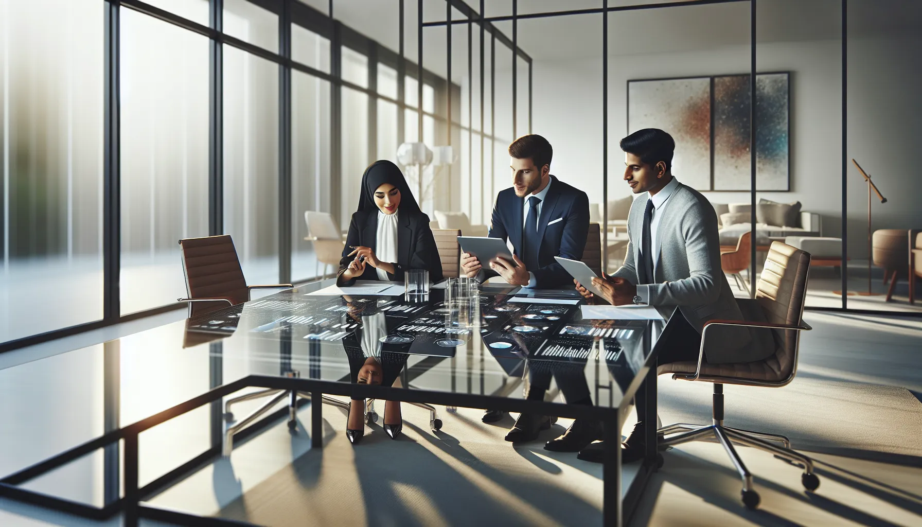 professionals discussing future trends in a modern office.