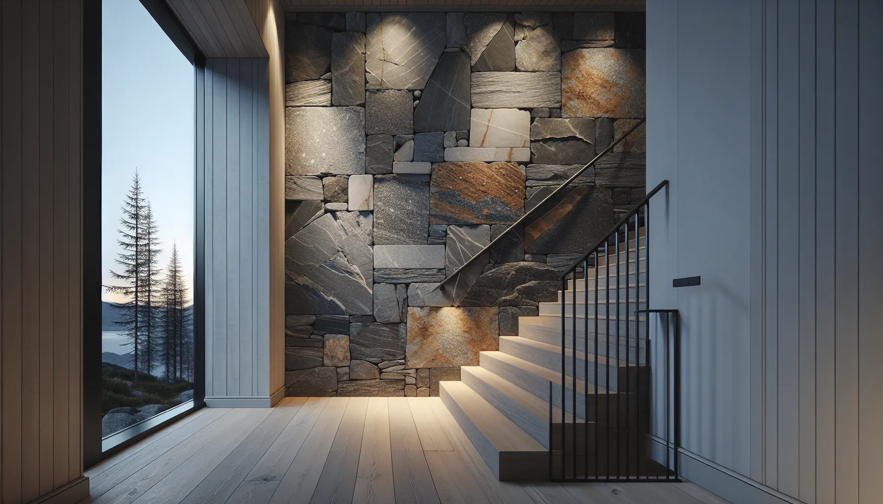 Hvordan bruke stein for å skape et rustikt utseende 2 Rugged norwegian slate wall contrasts with white wall and slim steel handrail.