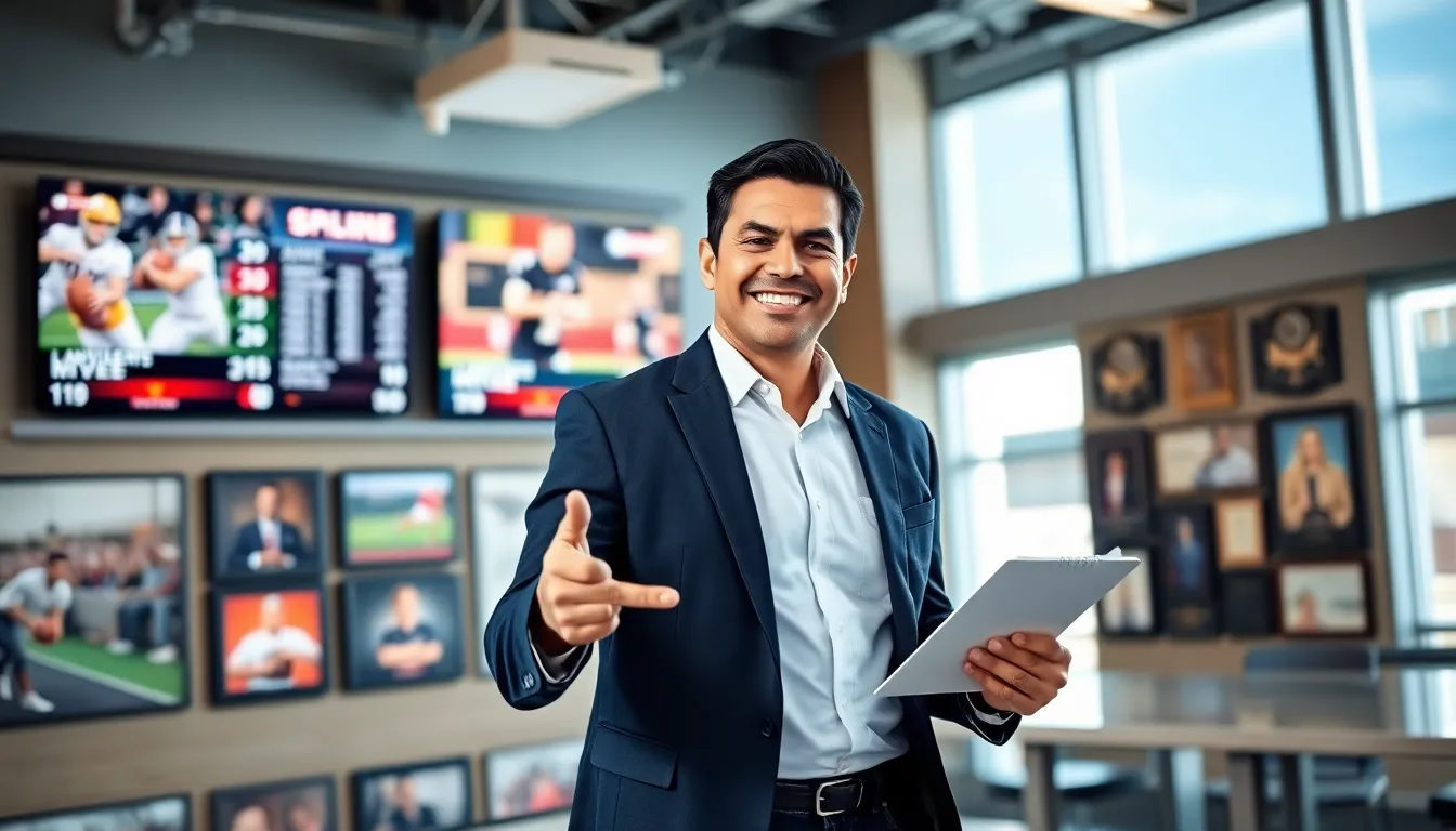 sports journalist Jimmy Dominguez in a bustling newsroom with sports highlights.