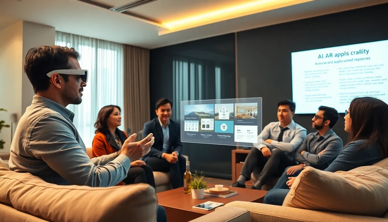 diverse professionals interacting with augmented reality technology in a modern setting.