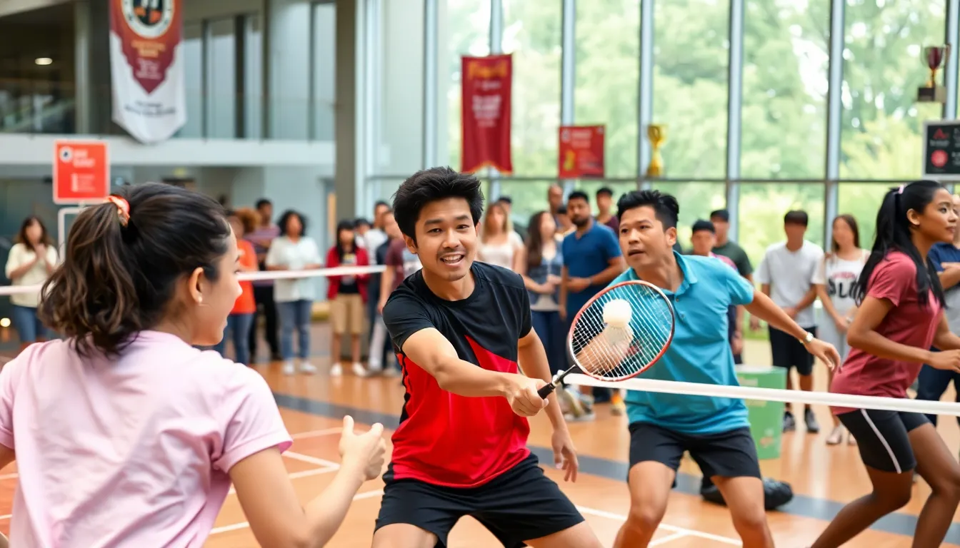 diverse players competing in a badminton match in a community sports hall.