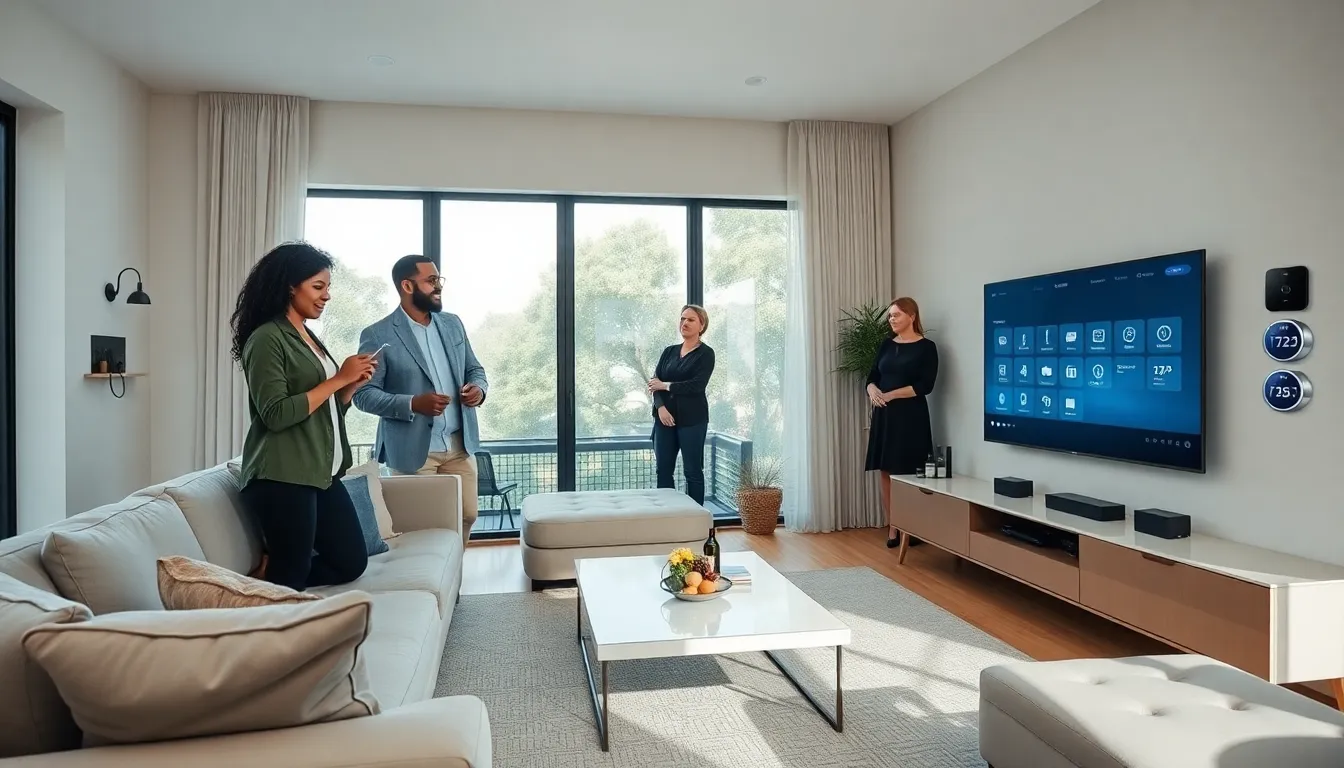 diverse professionals demonstrating home automation technologies in a modern living room.