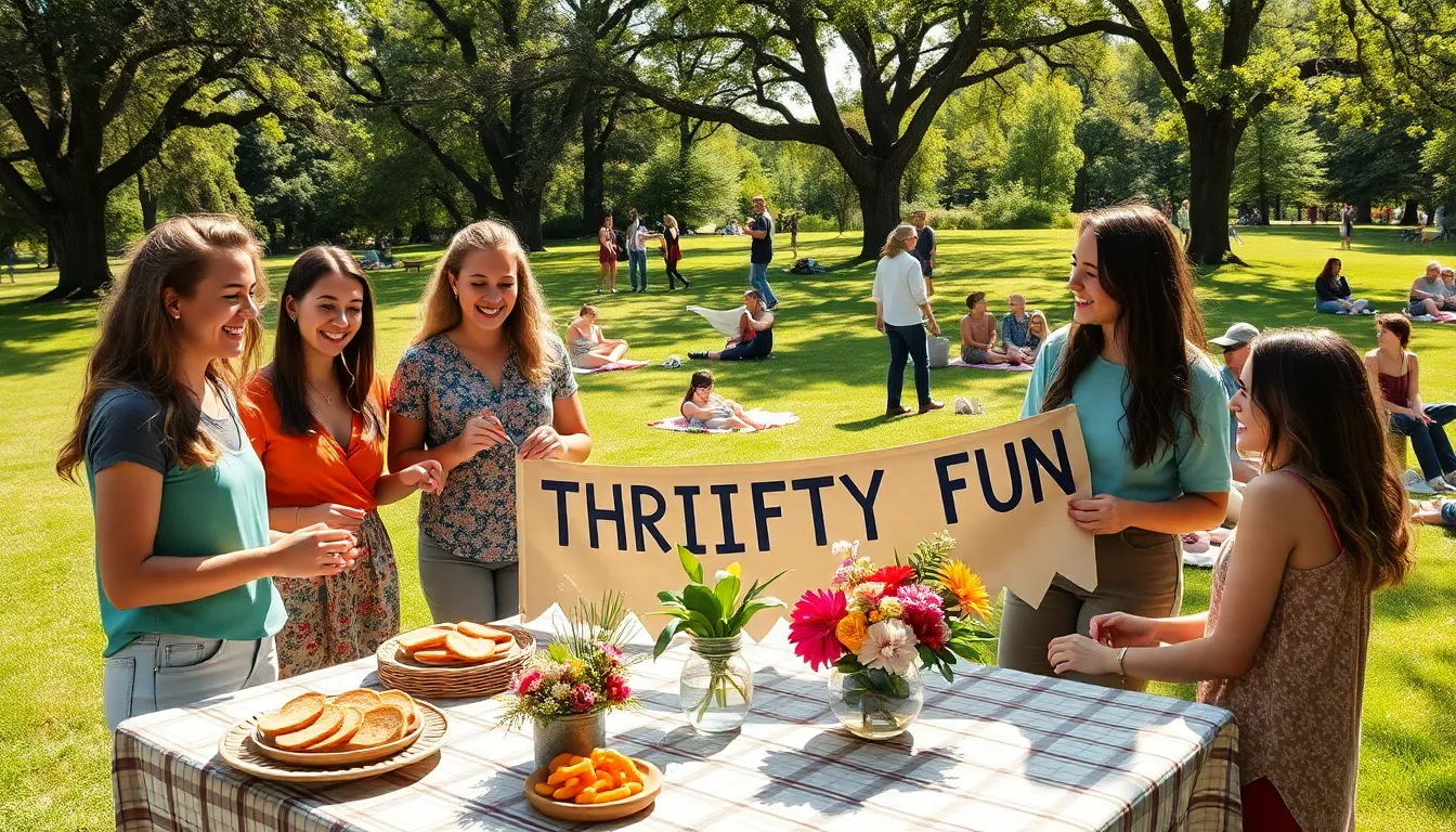 a diverse group enjoying a thrifty outdoor event in a sunny park.