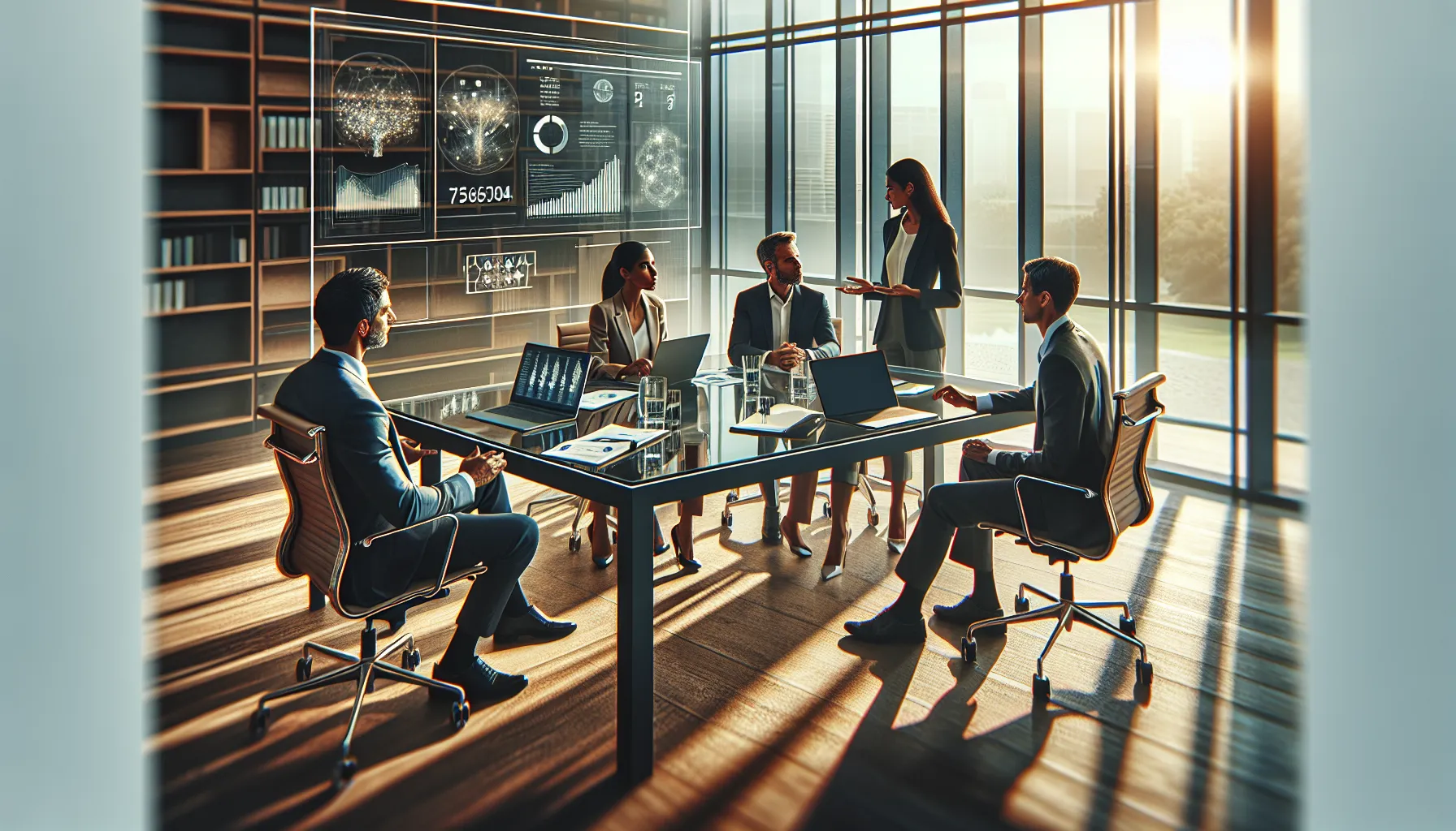 diverse team discussing in a modern office setting.