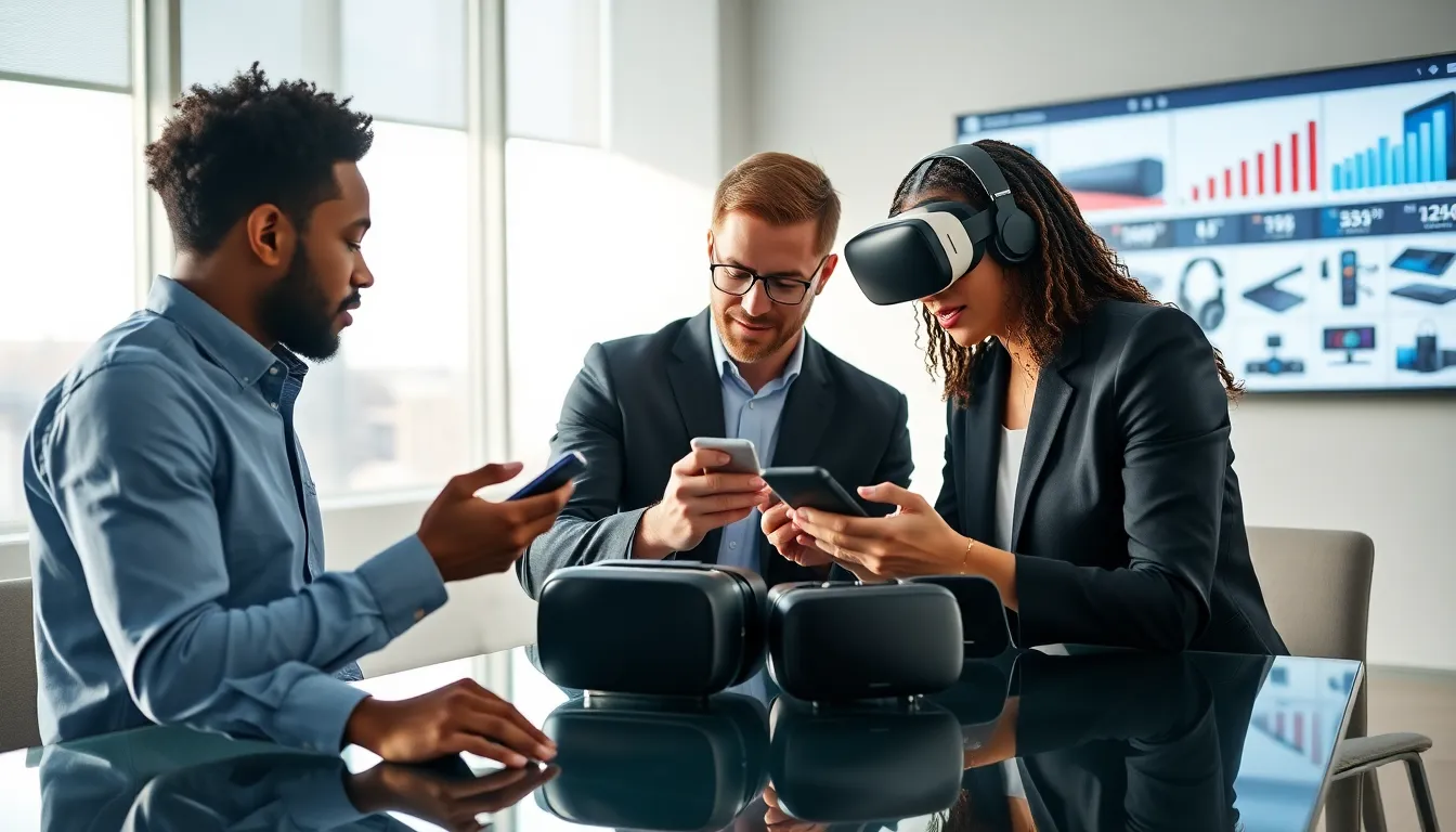 diverse team discussing consumer electronics in a modern office.