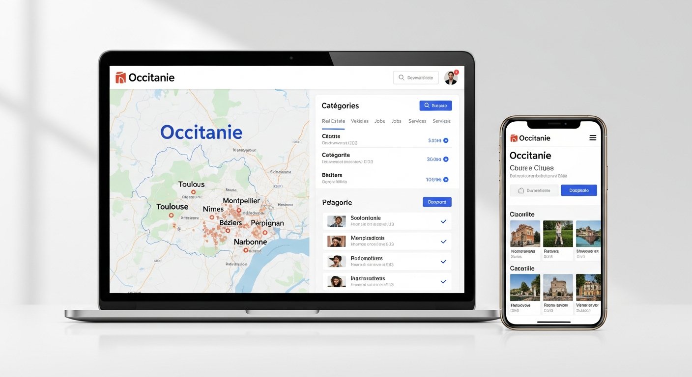 Regional search platform map highlighting major cities in Occitanie, France.