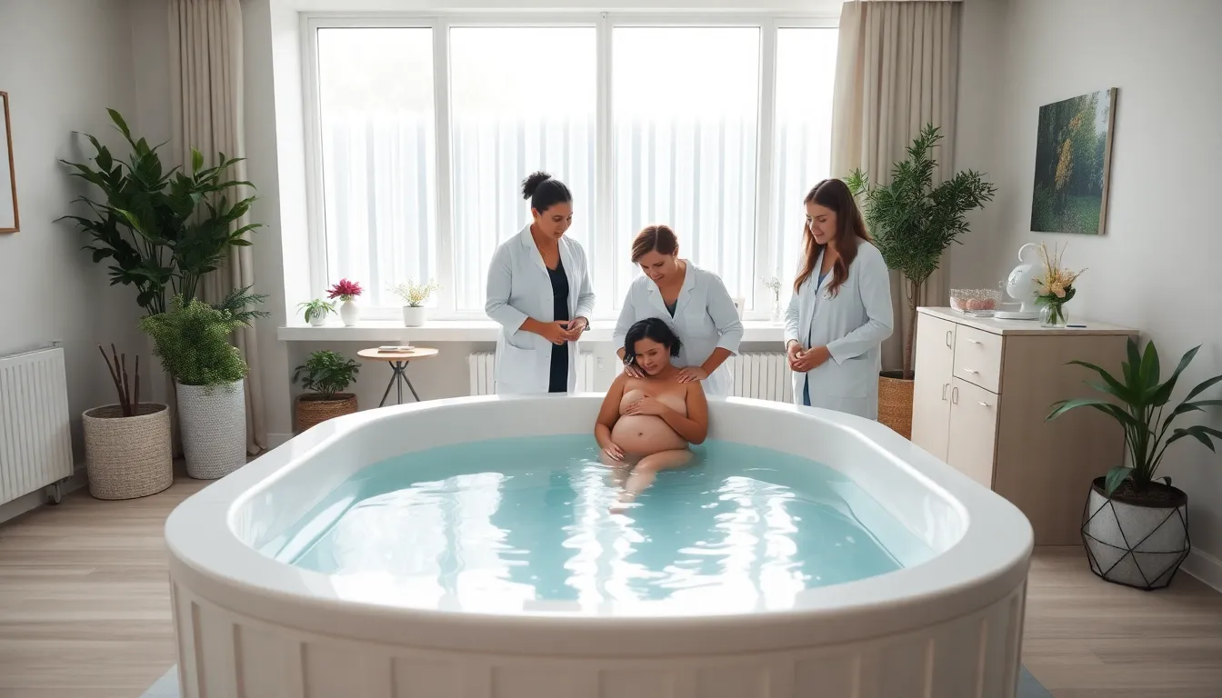 Expectant mother in a birthing pool with healthcare professionals.