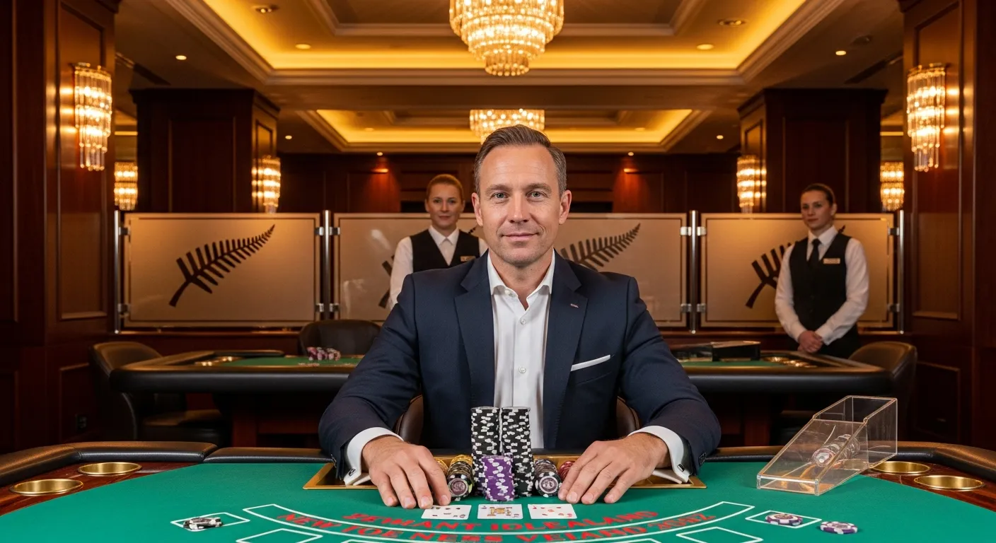 A well-dressed man placing high-value chips at an exclusive VIP blackjack table.