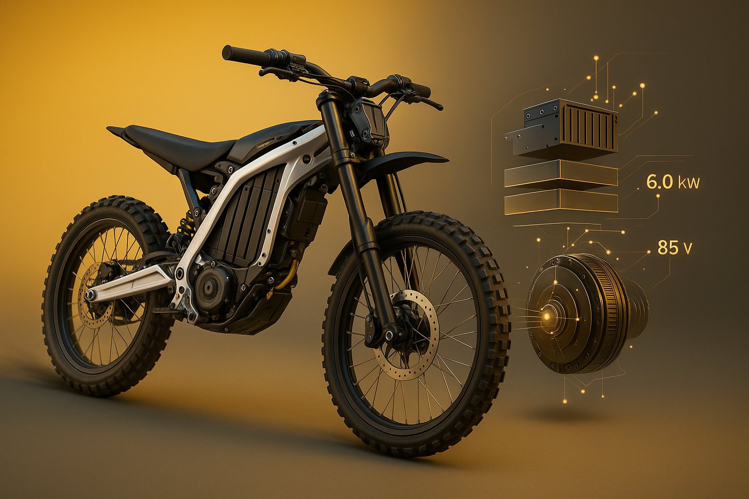 3D render of a Surron-style electric bike with exploded motor and battery