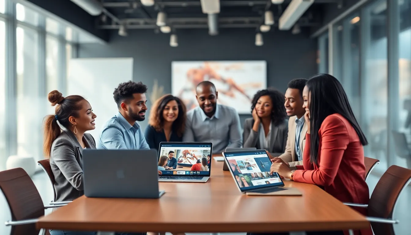 diverse creators collaborating in a modern office setting.