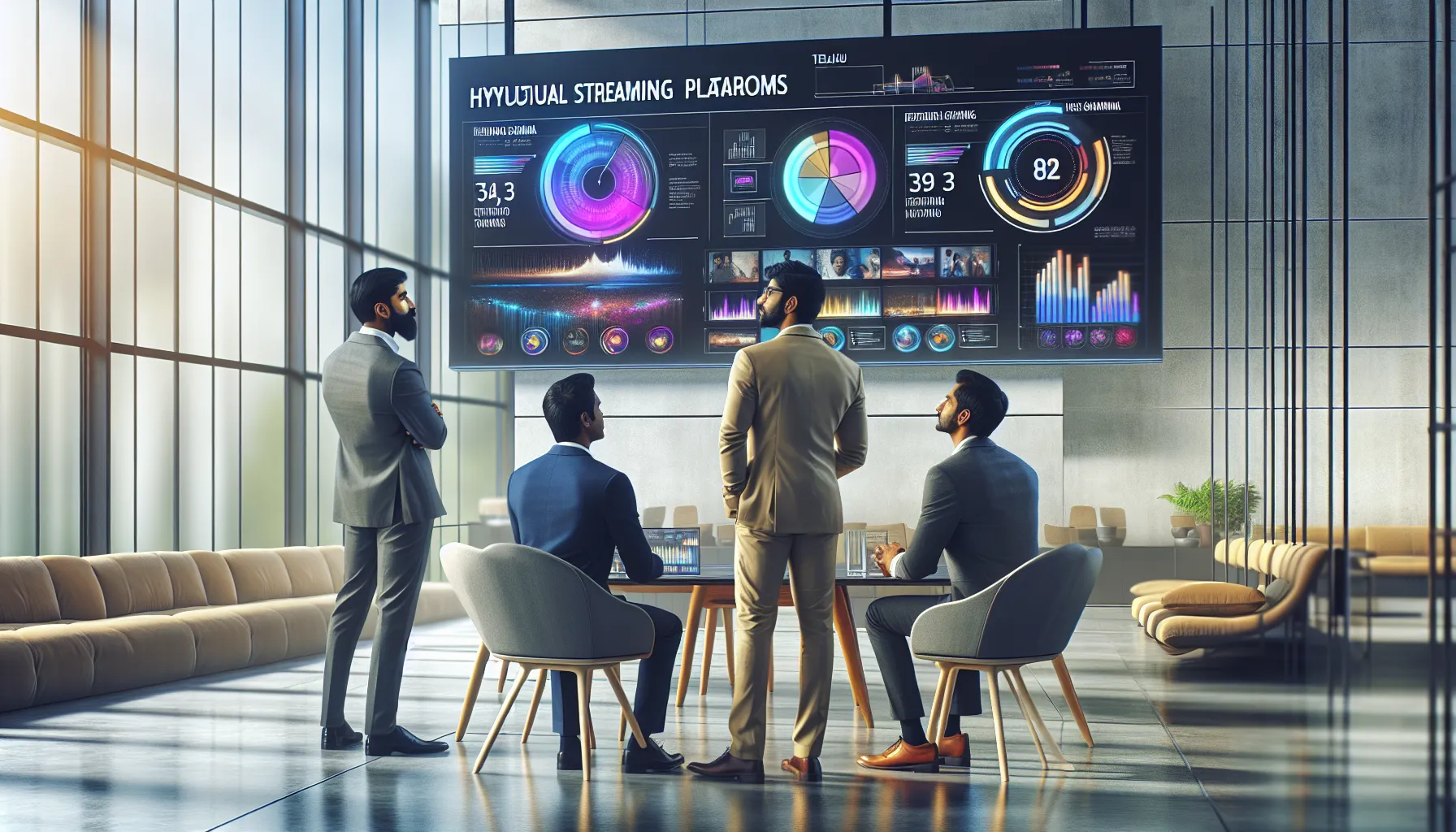 professionals discussing streaming service comparisons in a modern office.