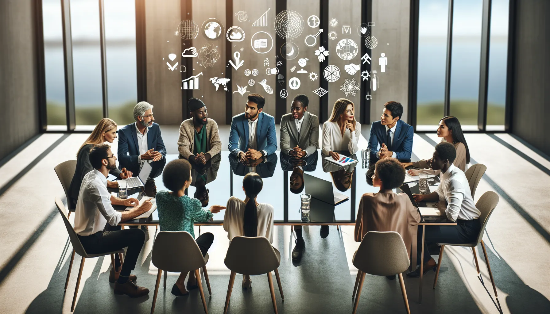 diverse professionals discussing kattteäd in a modern office.