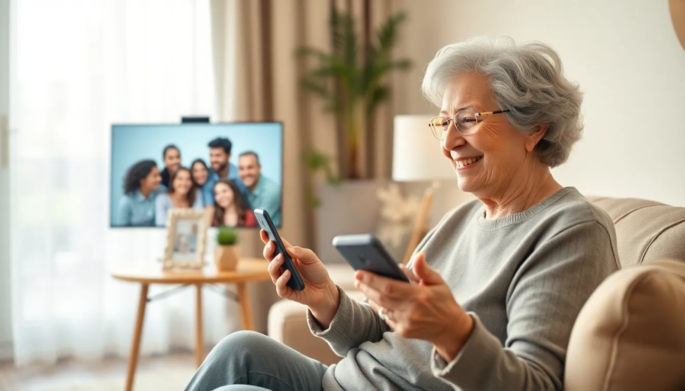 Older adult using a senior-friendly phone in a cozy living room.