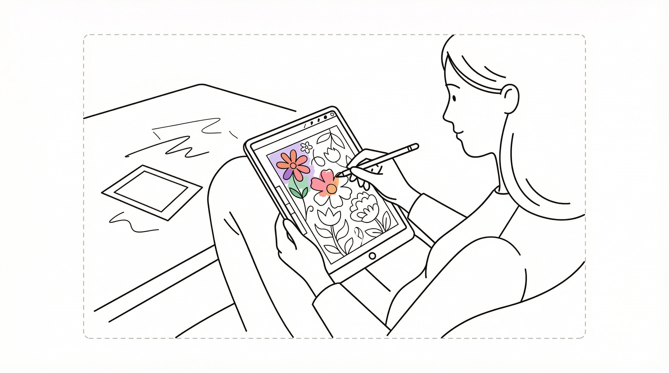Artist drawing a simple coloring page by hand on an iPad.