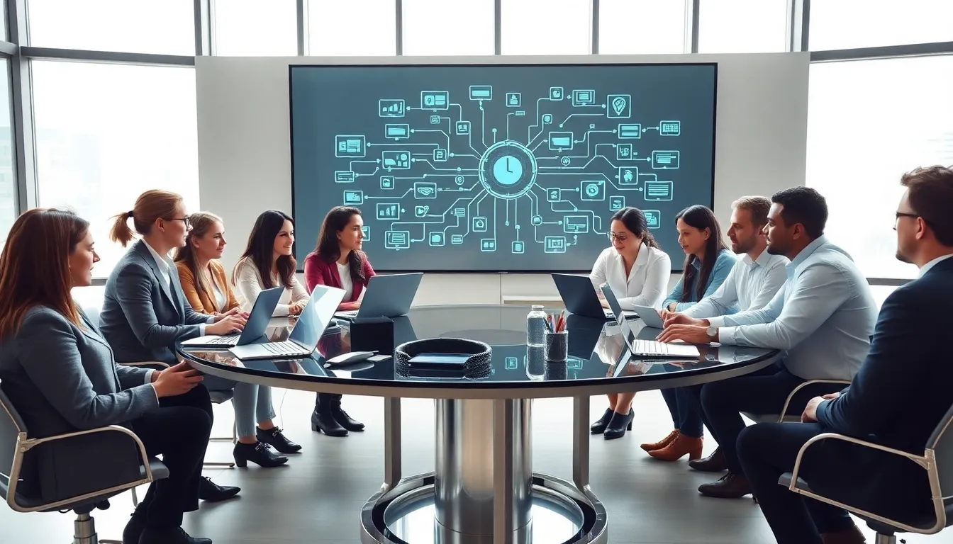 professionals collaborating in a modern office on digital user experience.