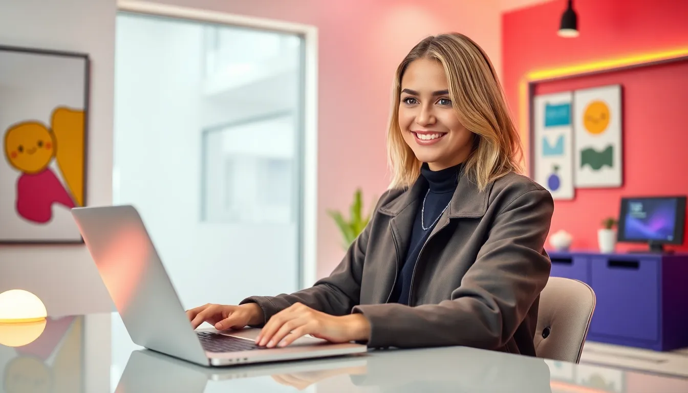 BlondeBJR23 engaging with followers in a colorful online studio.